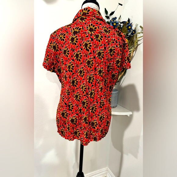 Fred David Red Black Short Sleeve pleated Stretch Button Down Shirt size Large - Picture 3 of 8